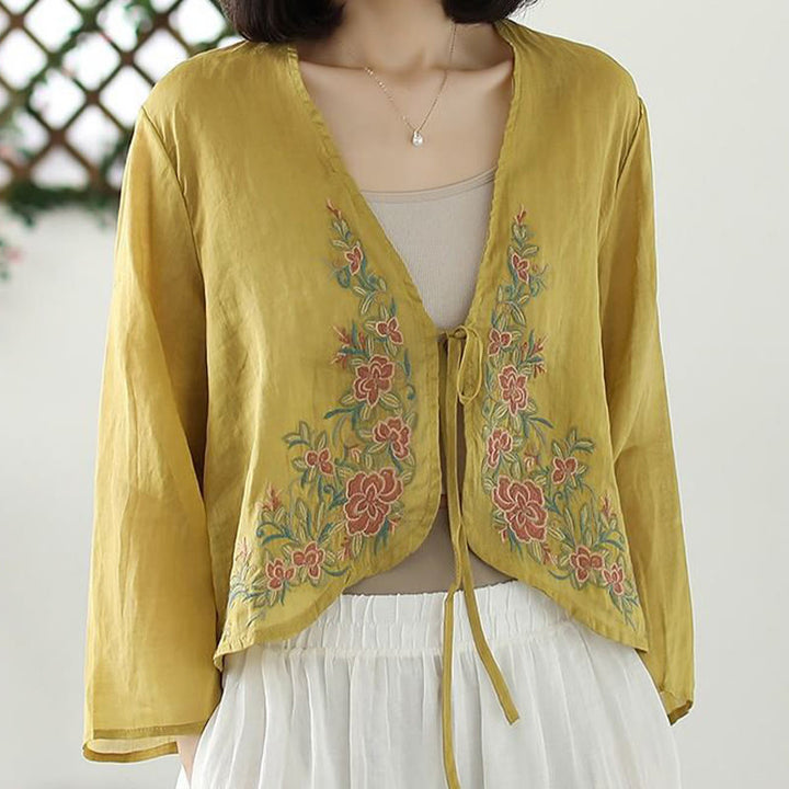 Buddha Stones Casual Embroidery Petals Long Sleeve Open Front Cardigan Jacket