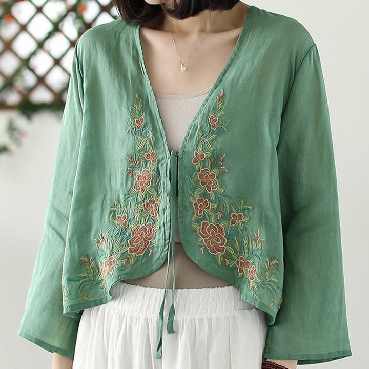 Buddha Stones Casual Embroidery Petals Long Sleeve Open Front Cardigan Jacket