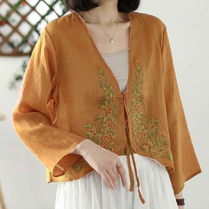 Buddha Stones Casual Embroidery Petals Long Sleeve Open Front Cardigan Jacket