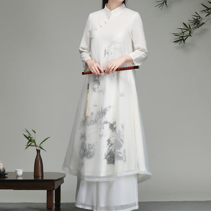 Buddha Stones  Chinese Frog-Button Design Long Sleeve Chiffon Midi Dress - White - US8-10，UK/AU12-14，EU40-42 (2XL) - image 0