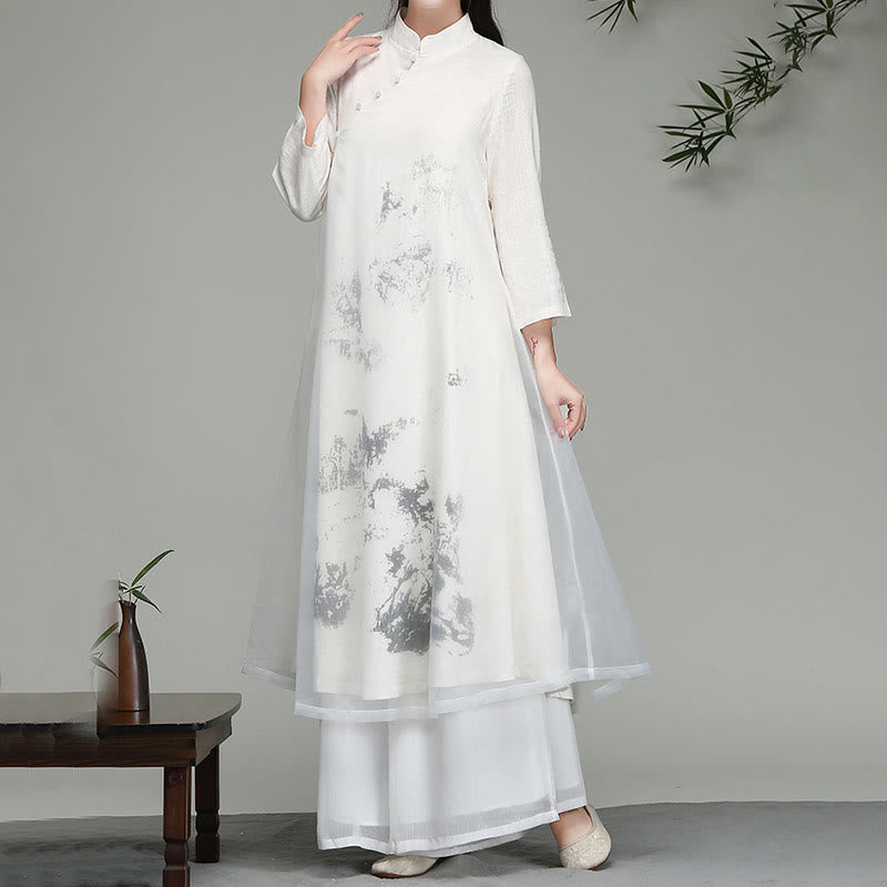 Buddha Stones  Chinese Frog-Button Design Long Sleeve Chiffon Midi Dress
