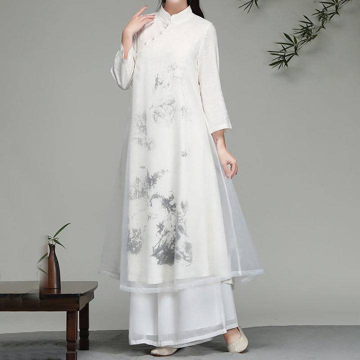 Buddha Stones  Chinese Frog-Button Design Long Sleeve Chiffon Midi Dress