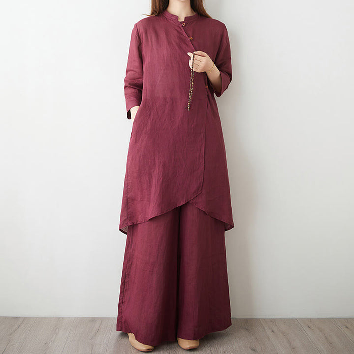 Buddha Stones 2Pcs Three Quarter Sleeve Shirt Top Pants Meditation Zen Tai Chi Cotton Linen Clothing Women's Set