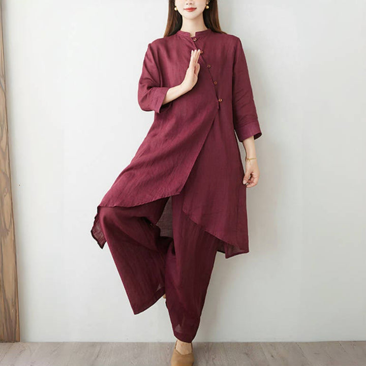 Buddha Stones 2Pcs Three Quarter Sleeve Shirt Top Pants Meditation Zen Tai Chi Cotton Linen Clothing Women's Set