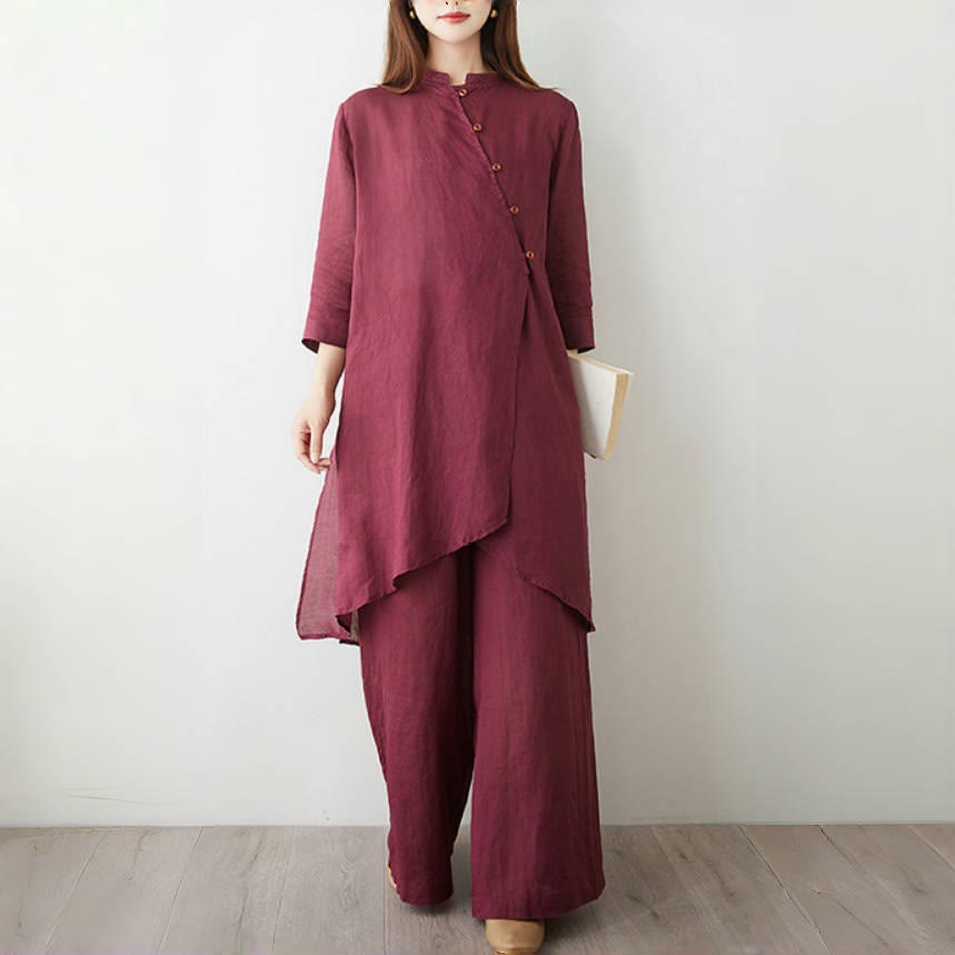 Buddha Stones 2Pcs Three Quarter Sleeve Shirt Top Pants Meditation Zen Tai Chi Cotton Linen Clothing Women's Set