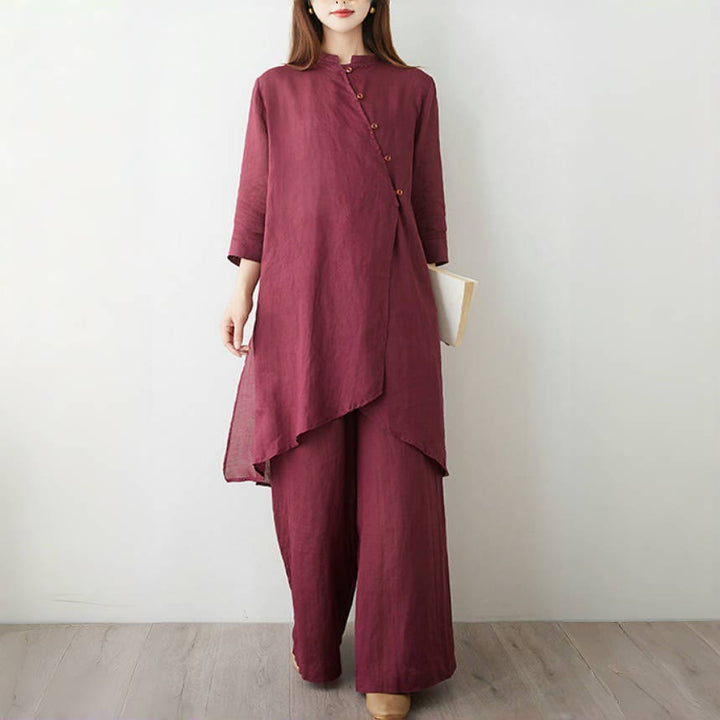 Buddha Stones 2Pcs Three Quarter Sleeve Shirt Top Pants Meditation Zen Tai Chi Cotton Linen Clothing Women's Set