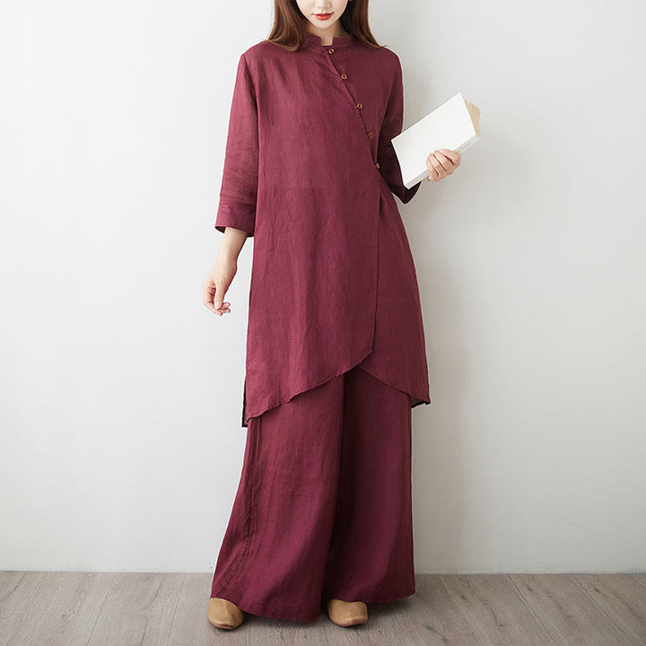 Buddha Stones 2Pcs Three Quarter Sleeve Shirt Top Pants Meditation Zen Tai Chi Cotton Linen Clothing Women's Set