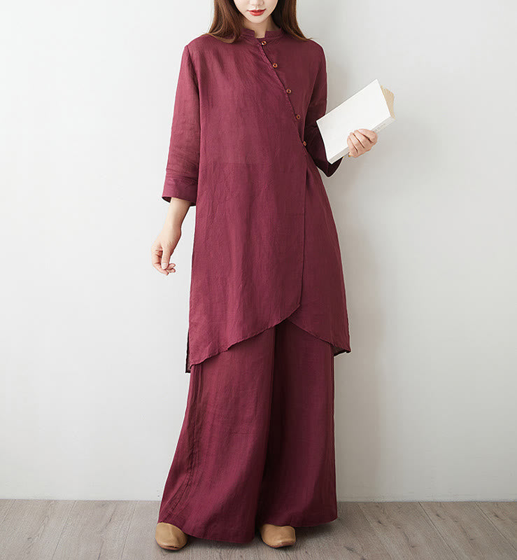 Buddha Stones 2Pcs Three Quarter Sleeve Shirt Top Pants Meditation Zen Tai Chi Cotton Linen Clothing Women's Set