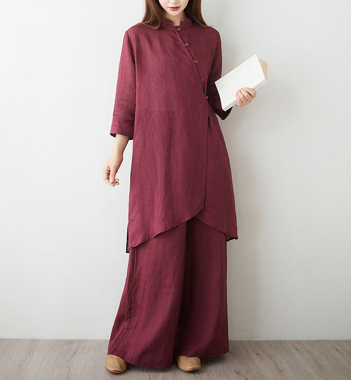 Buddha Stones 2Pcs Three Quarter Sleeve Shirt Top Pants Meditation Zen Tai Chi Cotton Linen Clothing Women's Set