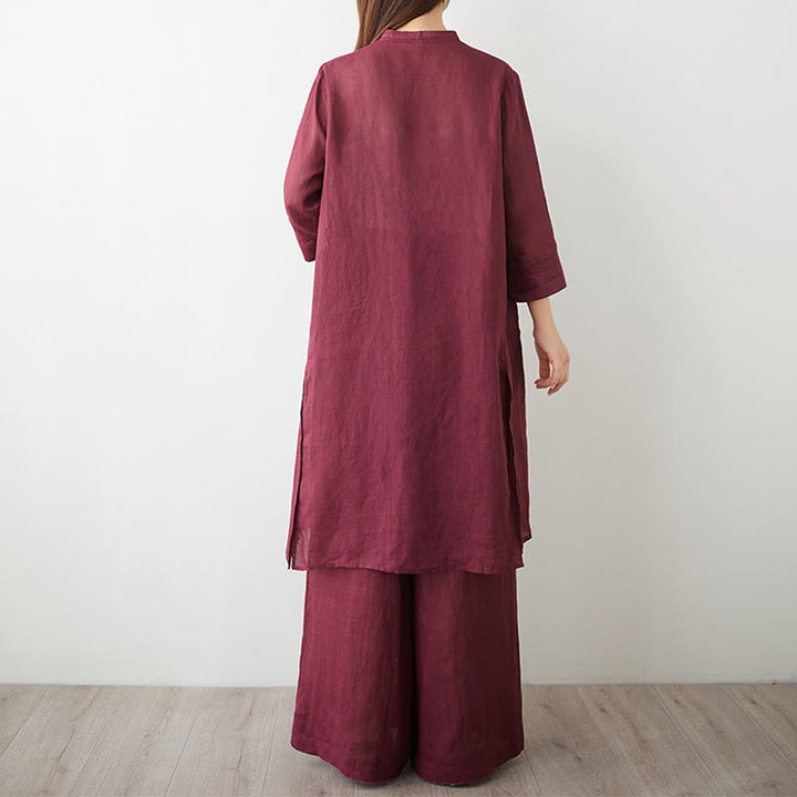 Buddha Stones 2Pcs Three Quarter Sleeve Shirt Top Pants Meditation Zen Tai Chi Cotton Linen Clothing Women's Set