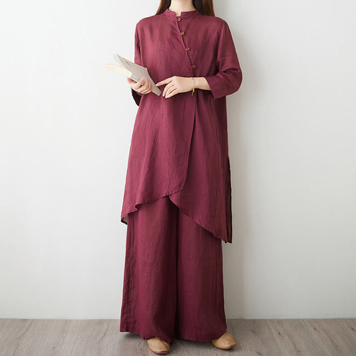 Buddha Stones 2Pcs Three Quarter Sleeve Shirt Top Pants Meditation Zen Tai Chi Cotton Linen Clothing Women's Set