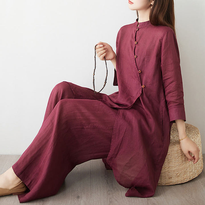Buddha Stones 2Pcs Three Quarter Sleeve Shirt Top Pants Meditation Zen Tai Chi Cotton Linen Clothing Women's Set