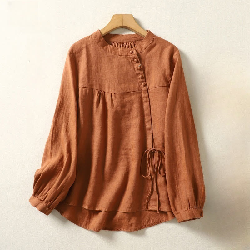 Buddha Stones Fall Casual Solid Color Stand Collar Long Sleeve Cotton Linen Women's Shirt