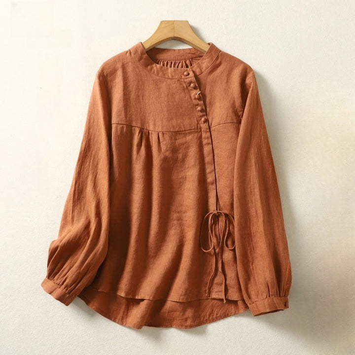 Buddha Stones Fall Casual Solid Color Stand Collar Long Sleeve Cotton Linen Women's Shirt