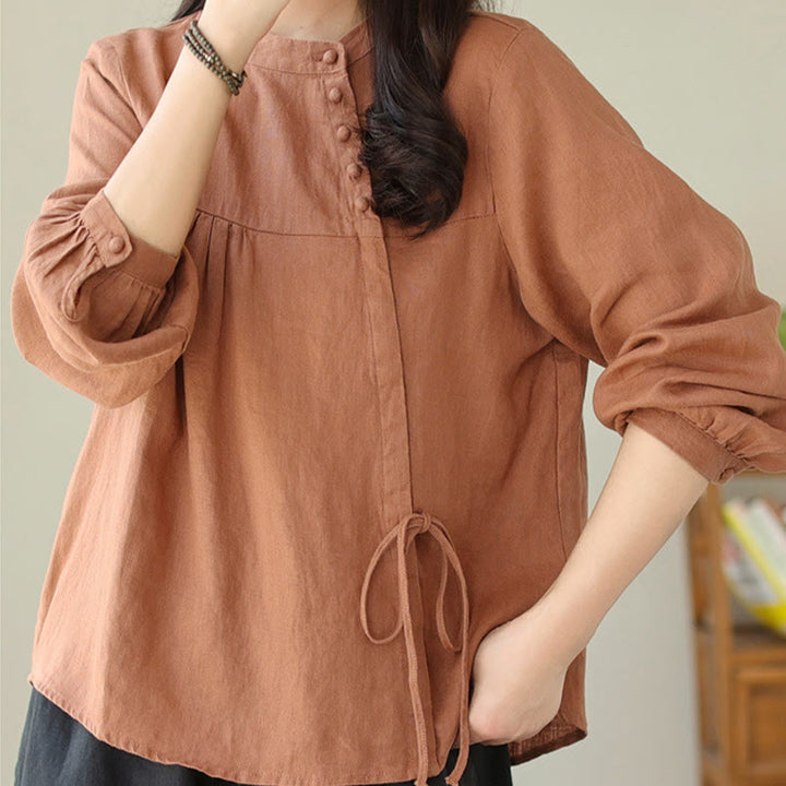 Buddha Stones Fall Casual Solid Color Stand Collar Long Sleeve Cotton Linen Women's Shirt