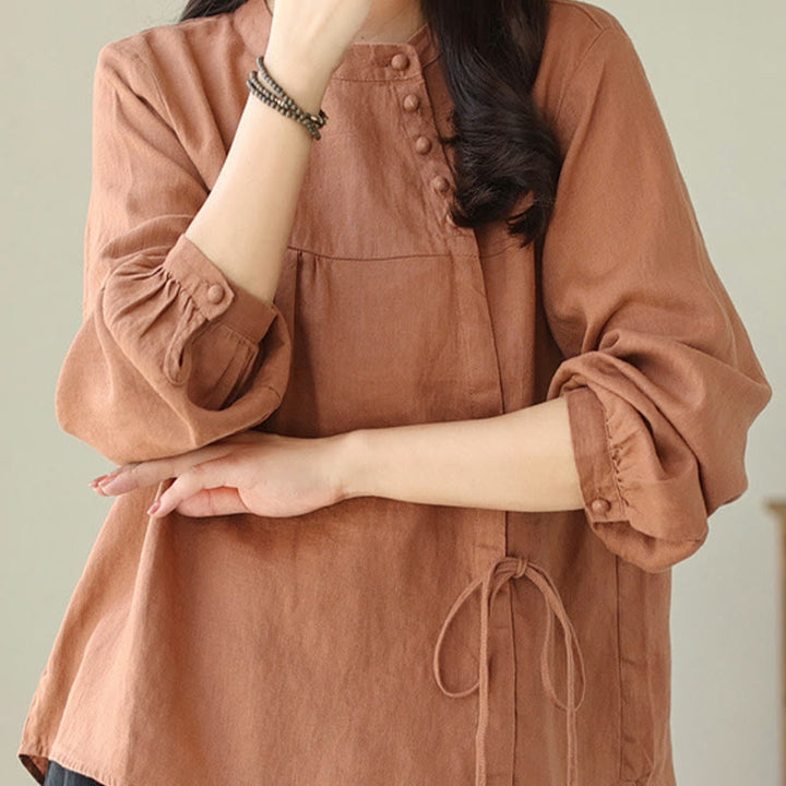 Buddha Stones Fall Casual Solid Color Stand Collar Long Sleeve Cotton Linen Women's Shirt