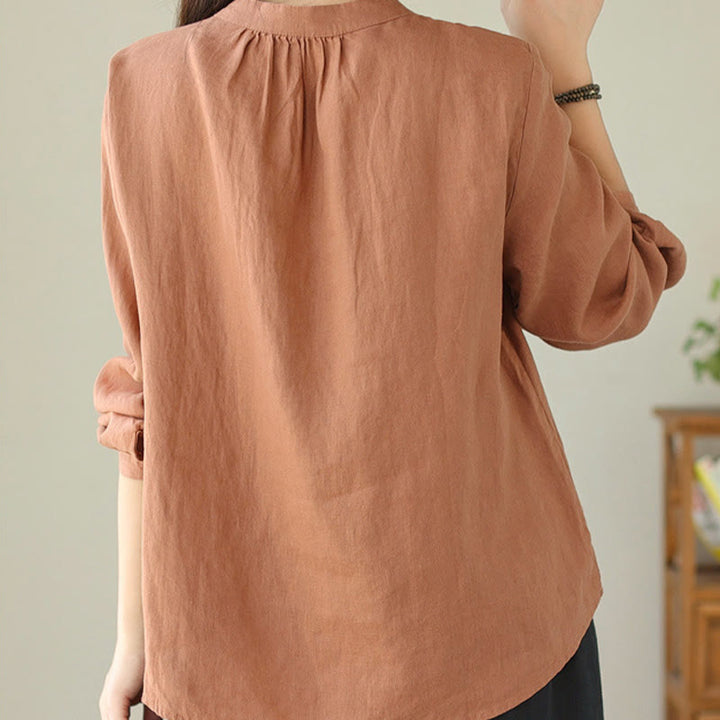 Buddha Stones Fall Casual Solid Color Stand Collar Long Sleeve Cotton Linen Women's Shirt