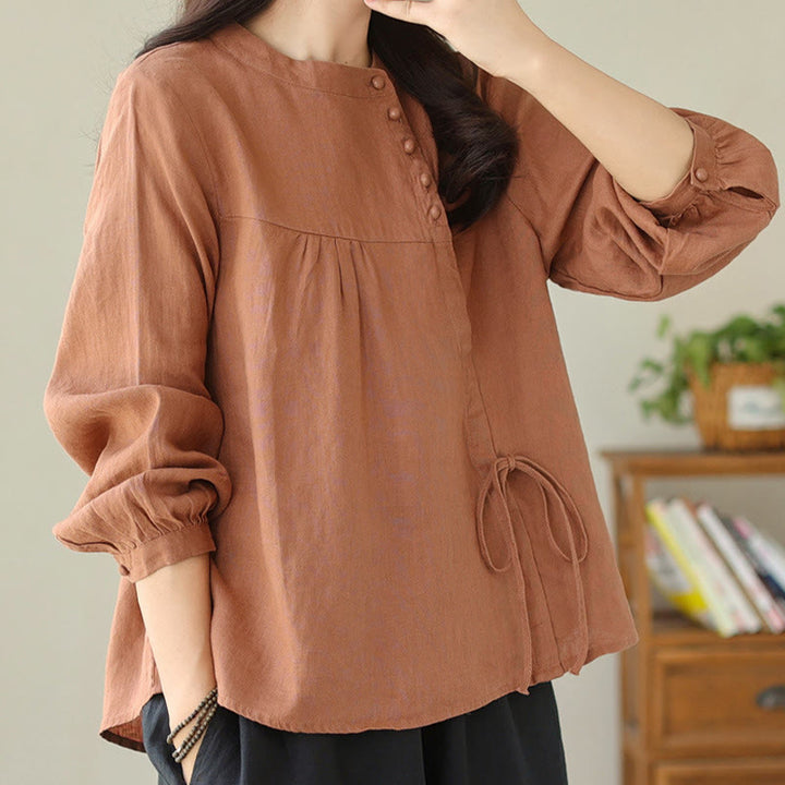 Buddha Stones Fall Casual Solid Color Stand Collar Long Sleeve Cotton Linen Women's Shirt