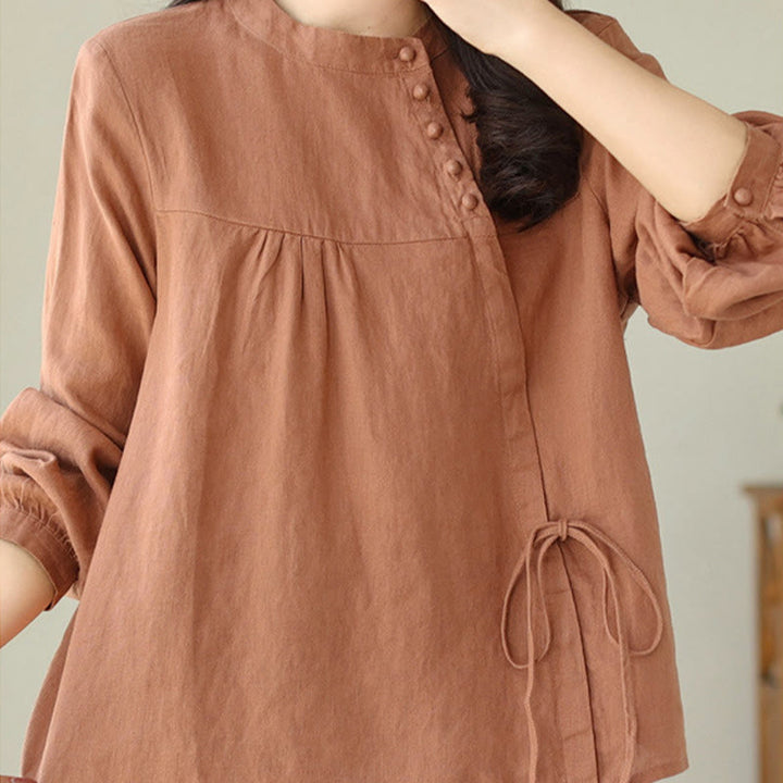 Buddha Stones Fall Casual Solid Color Stand Collar Long Sleeve Cotton Linen Women's Shirt
