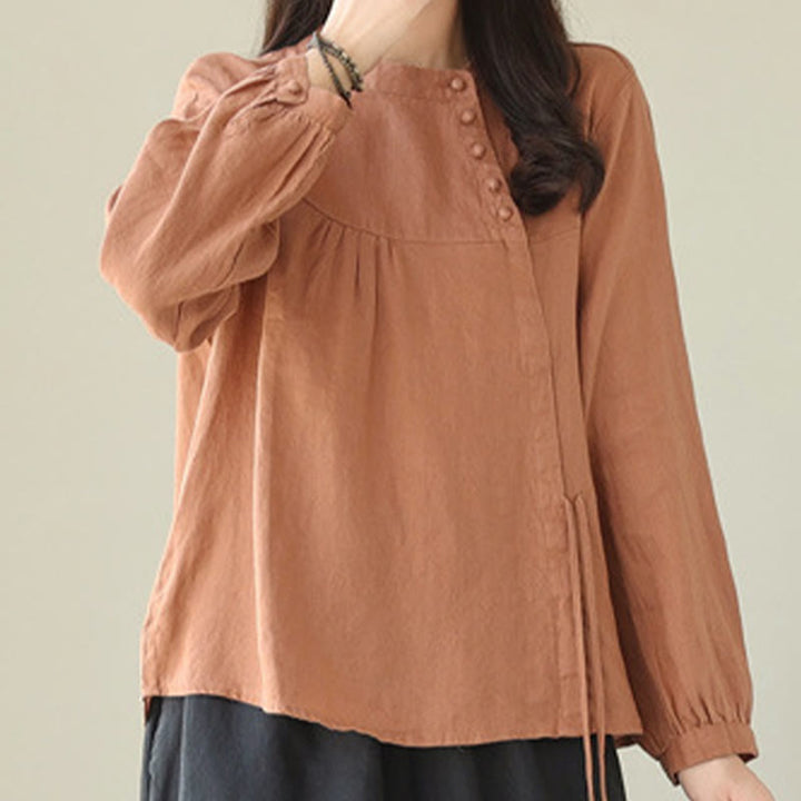 Buddha Stones Fall Casual Solid Color Stand Collar Long Sleeve Cotton Linen Women's Shirt