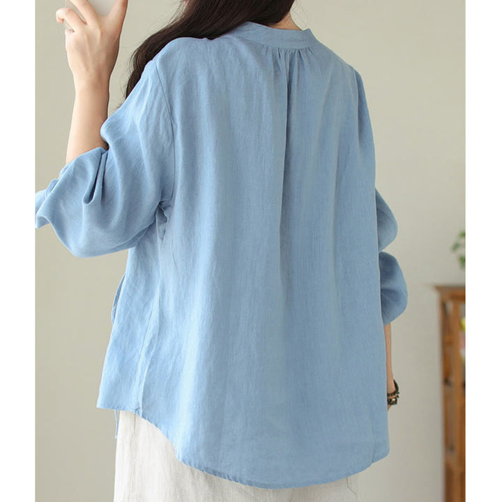 Buddha Stones Fall Casual Solid Color Stand Collar Long Sleeve Cotton Linen Women's Shirt