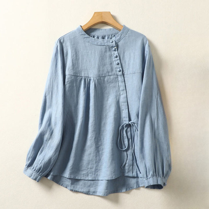 Buddha Stones Fall Casual Solid Color Stand Collar Long Sleeve Cotton Linen Women's Shirt