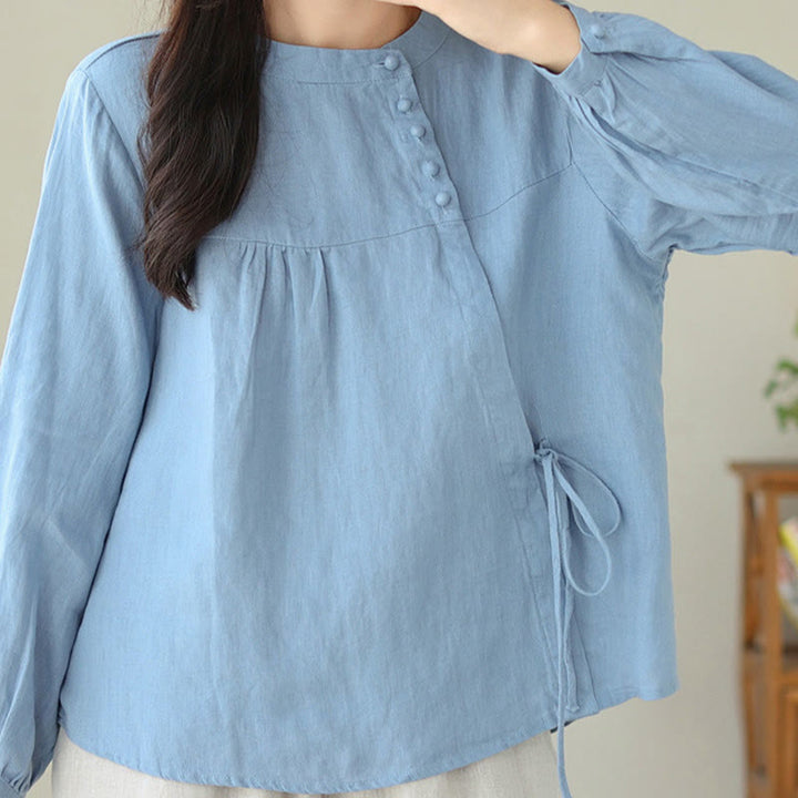 Buddha Stones Fall Casual Solid Color Stand Collar Long Sleeve Cotton Linen Women's Shirt