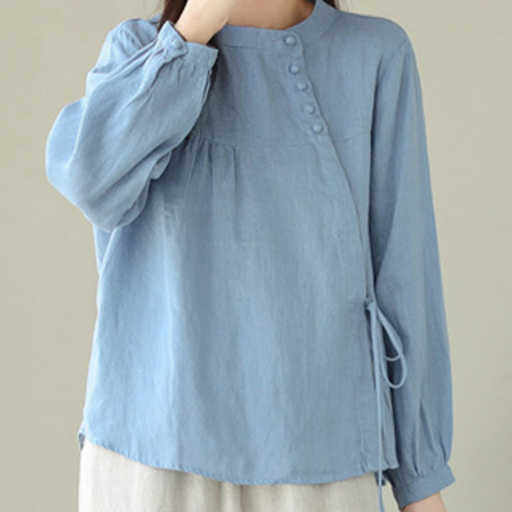 Buddha Stones Fall Casual Solid Color Stand Collar Long Sleeve Cotton Linen Women's Shirt