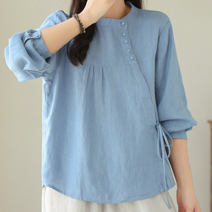Buddha Stones Fall Casual Solid Color Stand Collar Long Sleeve Cotton Linen Women's Shirt