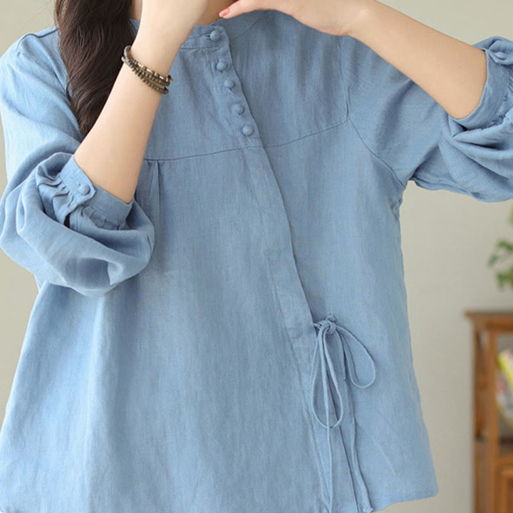 Buddha Stones Fall Casual Solid Color Stand Collar Long Sleeve Cotton Linen Women's Shirt