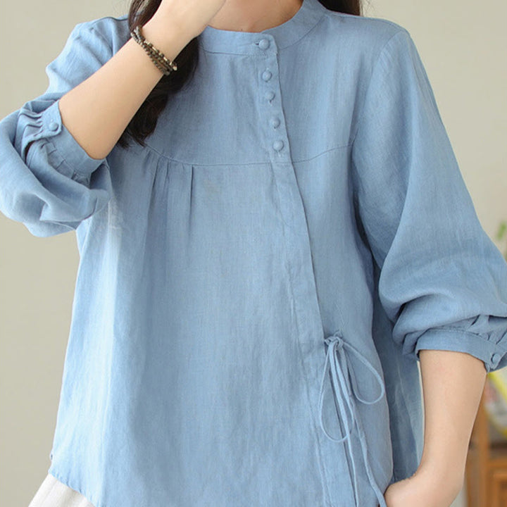 Buddha Stones Fall Casual Solid Color Stand Collar Long Sleeve Cotton Linen Women's Shirt
