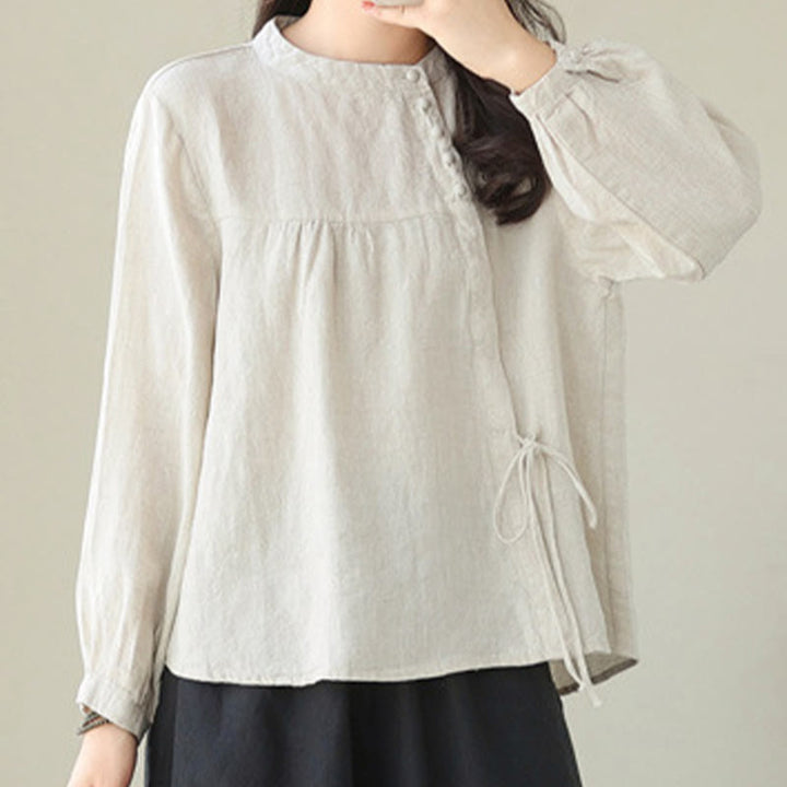 Buddha Stones Fall Casual Solid Color Stand Collar Long Sleeve Cotton Linen Women's Shirt