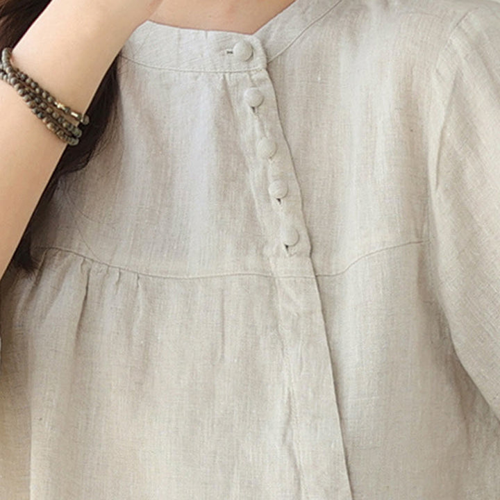 Buddha Stones Fall Casual Solid Color Stand Collar Long Sleeve Cotton Linen Women's Shirt