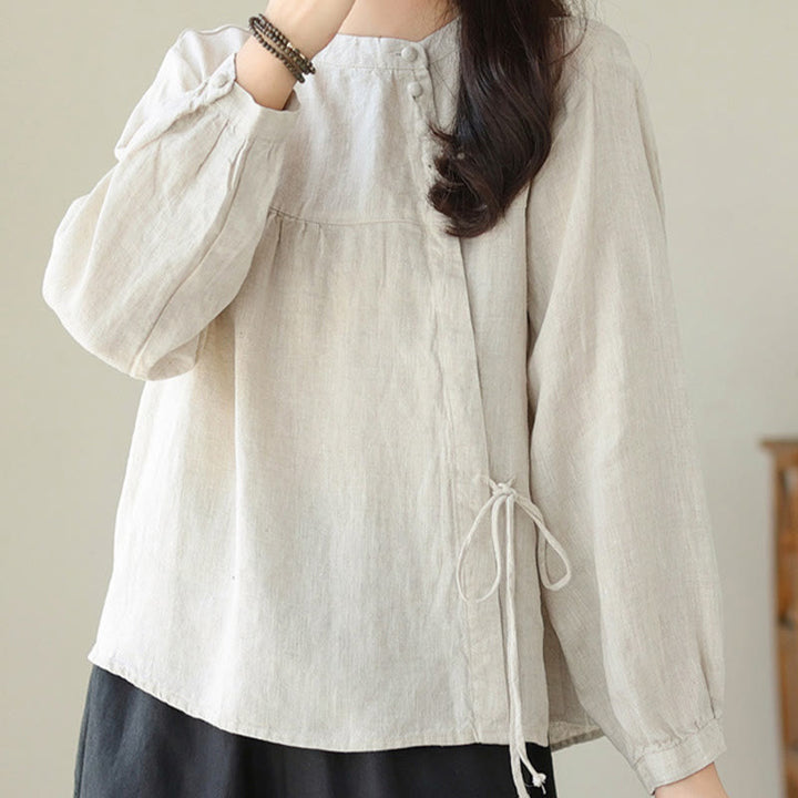Buddha Stones Fall Casual Solid Color Stand Collar Long Sleeve Cotton Linen Women's Shirt