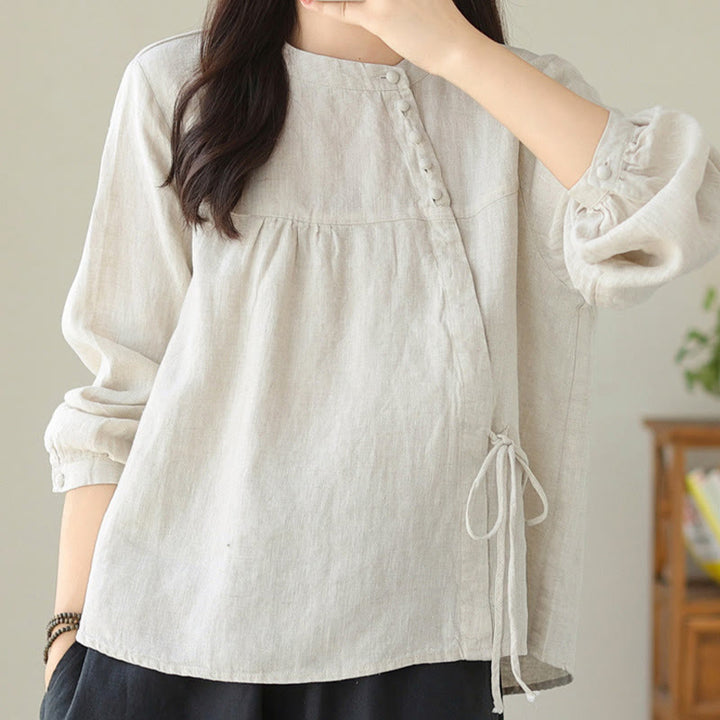 Buddha Stones Fall Casual Solid Color Stand Collar Long Sleeve Cotton Linen Women's Shirt
