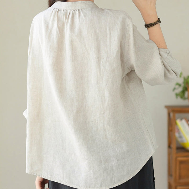 Buddha Stones Fall Casual Solid Color Stand Collar Long Sleeve Cotton Linen Women's Shirt