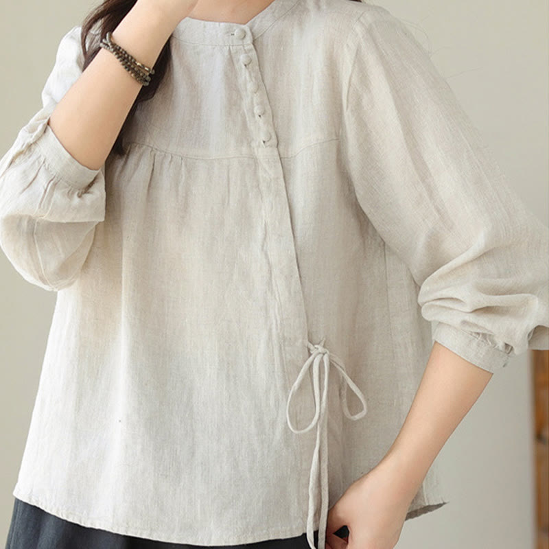 Buddha Stones Fall Casual Solid Color Stand Collar Long Sleeve Cotton Linen Women's Shirt