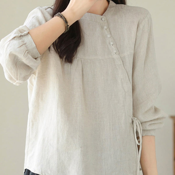 Buddha Stones Fall Casual Solid Color Stand Collar Long Sleeve Cotton Linen Women's Shirt