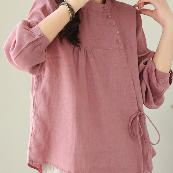 Buddha Stones Fall Casual Solid Color Stand Collar Long Sleeve Cotton Linen Women's Shirt