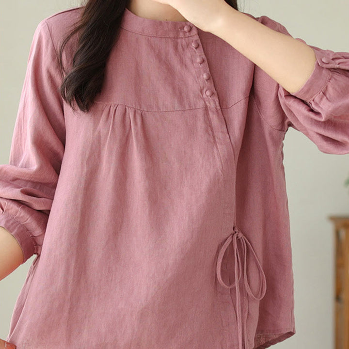 Buddha Stones Fall Casual Solid Color Stand Collar Long Sleeve Cotton Linen Women's Shirt