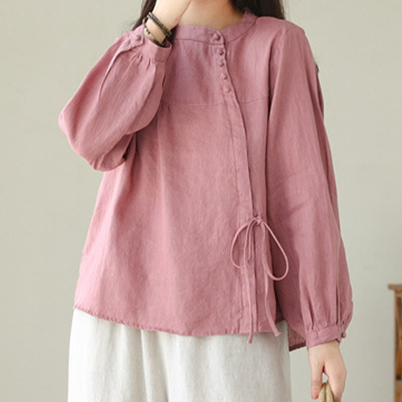 Buddha Stones Fall Casual Solid Color Stand Collar Long Sleeve Cotton Linen Women's Shirt