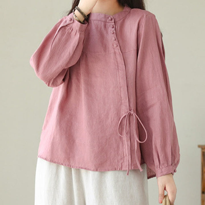 Buddha Stones Fall Casual Solid Color Stand Collar Long Sleeve Cotton Linen Women's Shirt