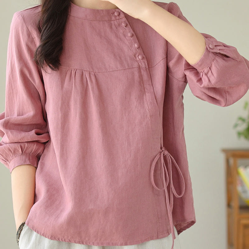Buddha Stones Fall Casual Solid Color Stand Collar Long Sleeve Cotton Linen Women's Shirt