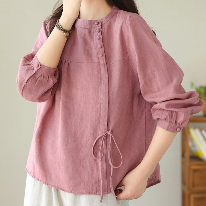 Buddha Stones Fall Casual Solid Color Stand Collar Long Sleeve Cotton Linen Women's Shirt