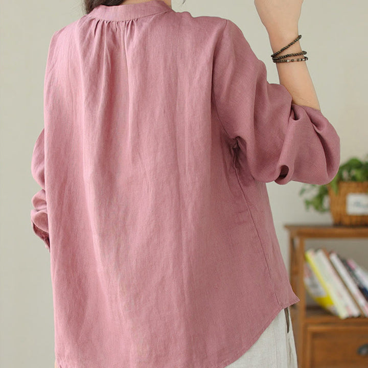 Buddha Stones Fall Casual Solid Color Stand Collar Long Sleeve Cotton Linen Women's Shirt