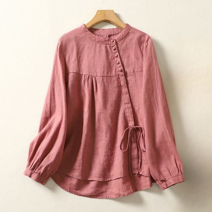 Buddha Stones Fall Casual Solid Color Stand Collar Long Sleeve Cotton Linen Women's Shirt