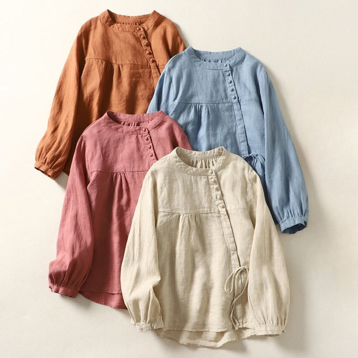 Buddha Stones Fall Casual Solid Color Stand Collar Long Sleeve Cotton Linen Women's Shirt