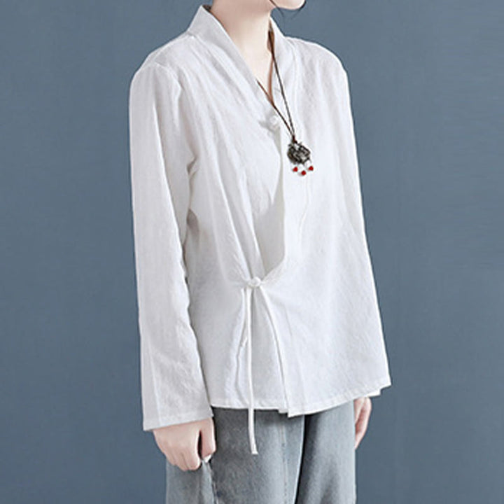 Buddha Stones Casual Solid Color Frog Button Long Sleeve Zen Cotton Linen Women's Shirt