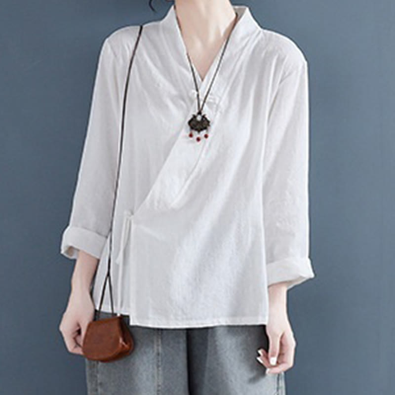 Buddha Stones Casual Solid Color Frog Button Long Sleeve Zen Cotton Linen Women's Shirt