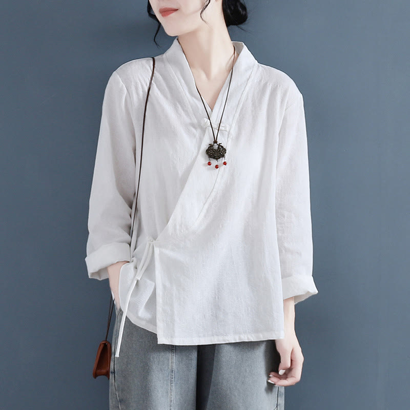 Buddha Stones Casual Solid Color Frog Button Long Sleeve Zen Cotton Linen Women's Shirt - White - US8-10，UK/AU12-14，EU40-42 (2XL) - image 0